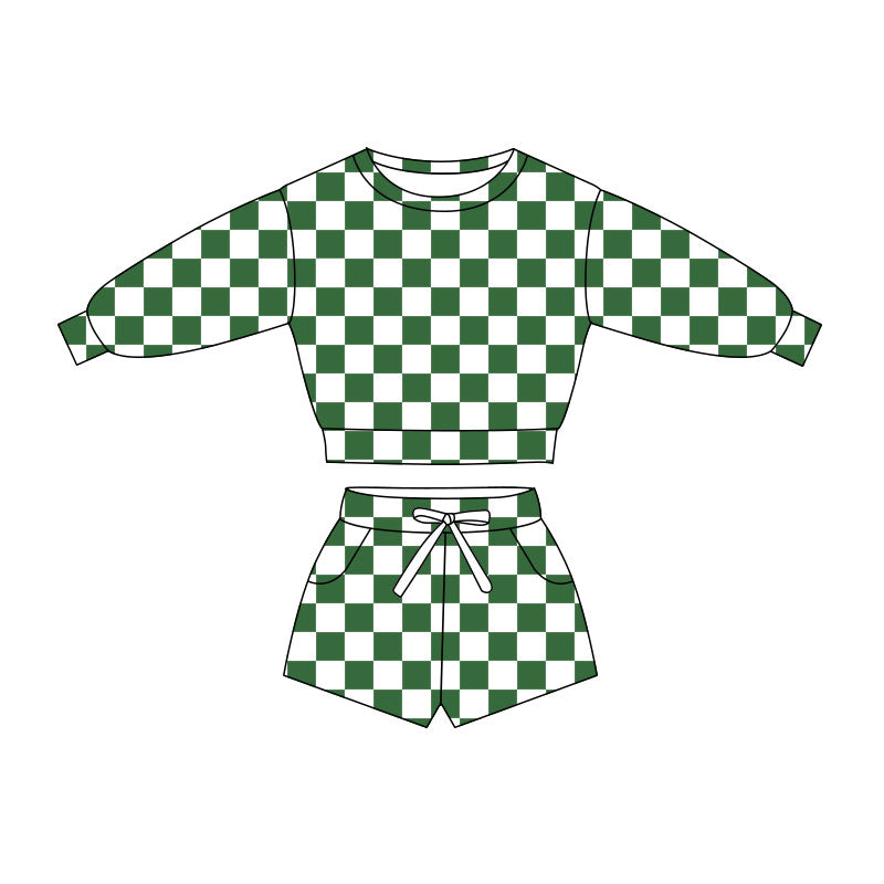 preorder GLS0055 Green Checkered Long Sleeve Shorts Girls Set