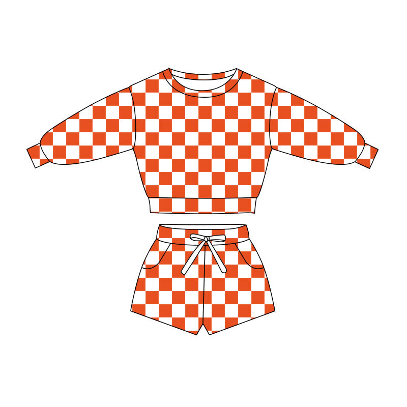 preorder GLS0056 Orange Checkered Long Sleeve Shorts Girls Set