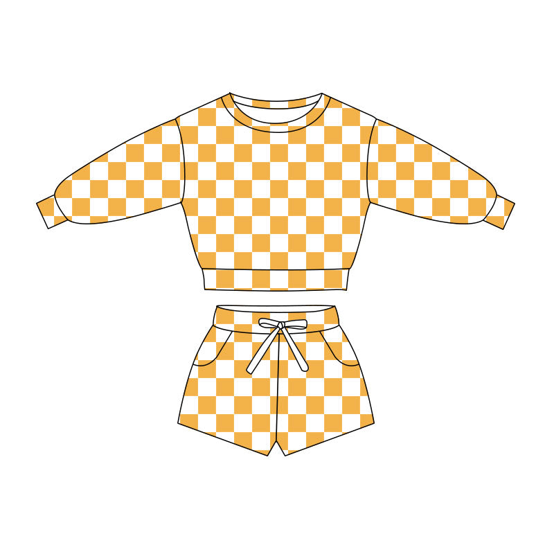 preorder GLS005 Yellow Checkered Long Sleeve Shorts Girls Set