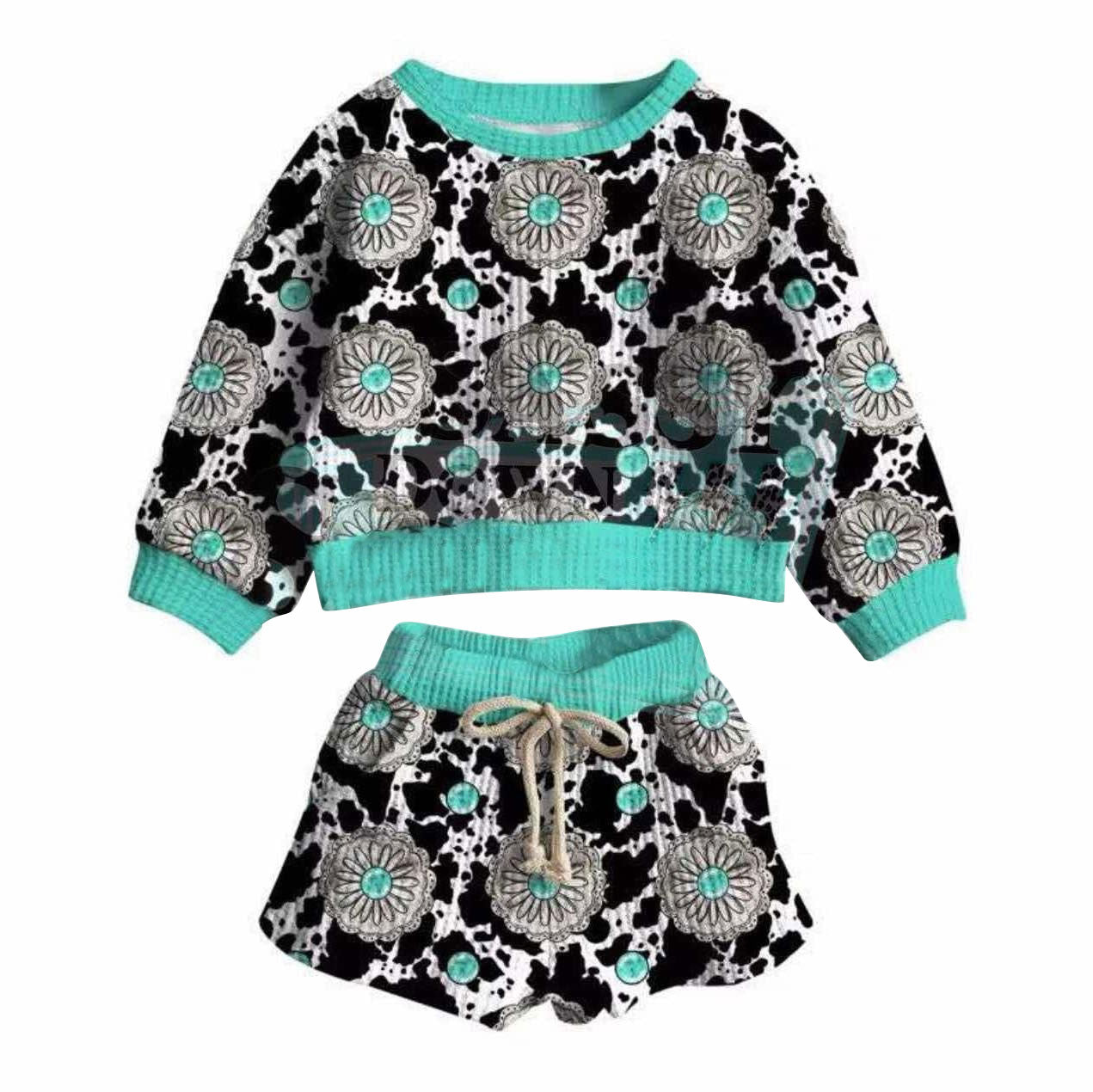 preorder GLS0064 Western Turquoise Cow Print Long Sleeve Shorts Girls Set