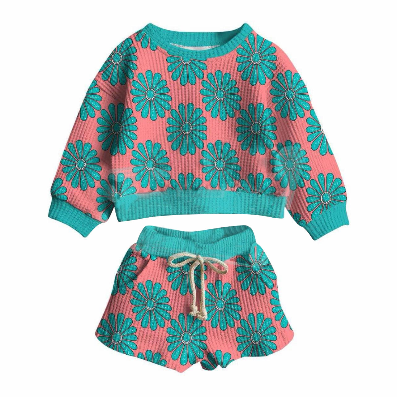 preorder GLS0065 Western Turquoise Pink Blue Long Sleeve Shorts Girls Set