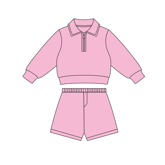preorder GLS0071 Yoga Pink Zipper Long Sleeve Shorts Girls Set