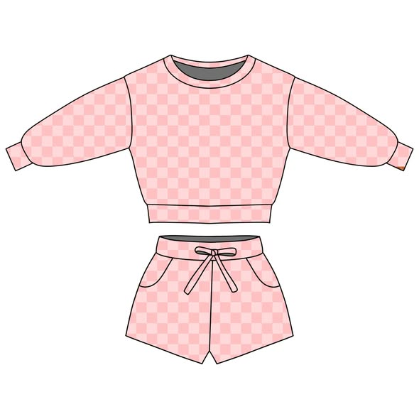 preorder GLS0073 Pink Checkered Long Sleeve Shorts Girls Set