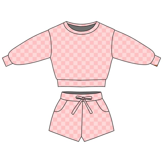 preorder GLS0073 Pink Checkered Long Sleeve Shorts Girls Set
