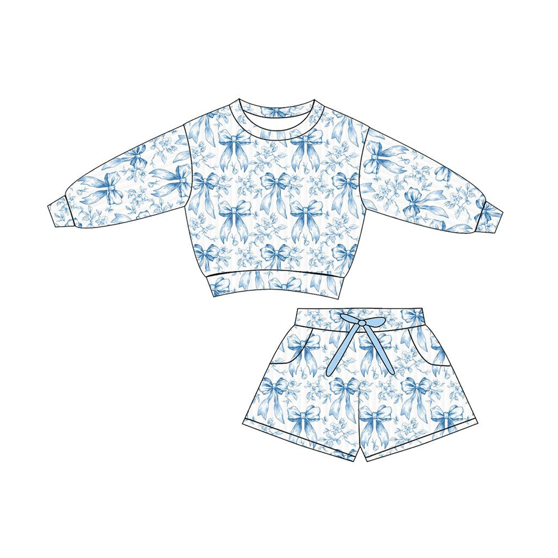 preorder GLS0076 Blue Flowers Bows Long Sleeve Shorts Girls Set