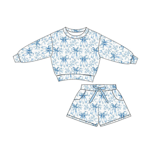 preorder GLS0076 Blue Flowers Bows Long Sleeve Shorts Girls Set