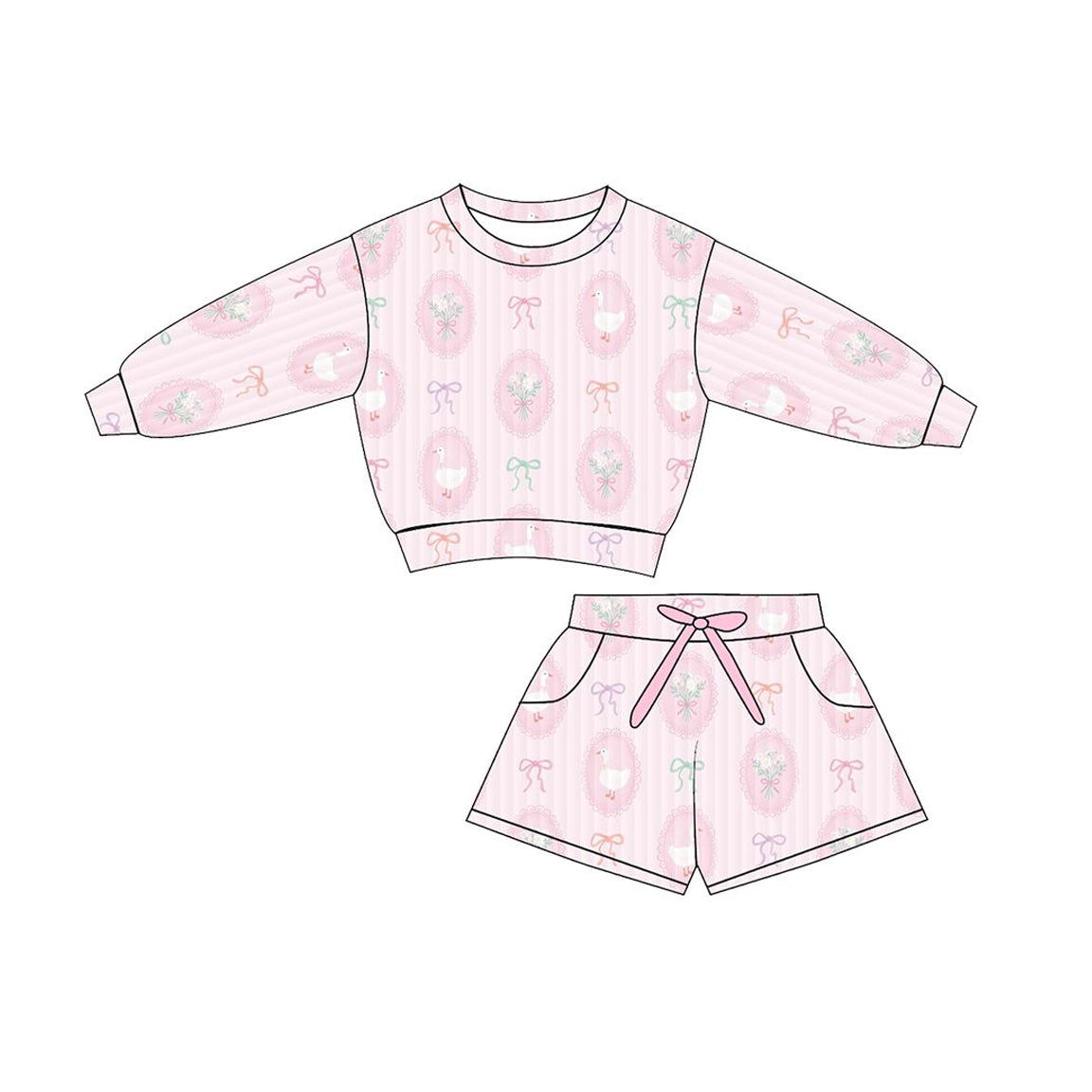 preorder GLS0078 Pink Goose Bows Long Sleeve Shorts Girls Set