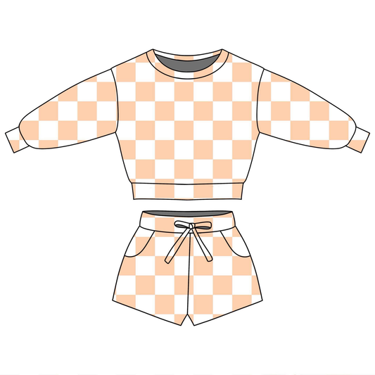 preorder GLS0083 Orange Checkered Long Sleeve Shorts Girls Set