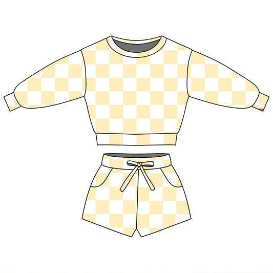 preorder GLS0084 Yellow Checkered Long Sleeve Shorts Girls Set