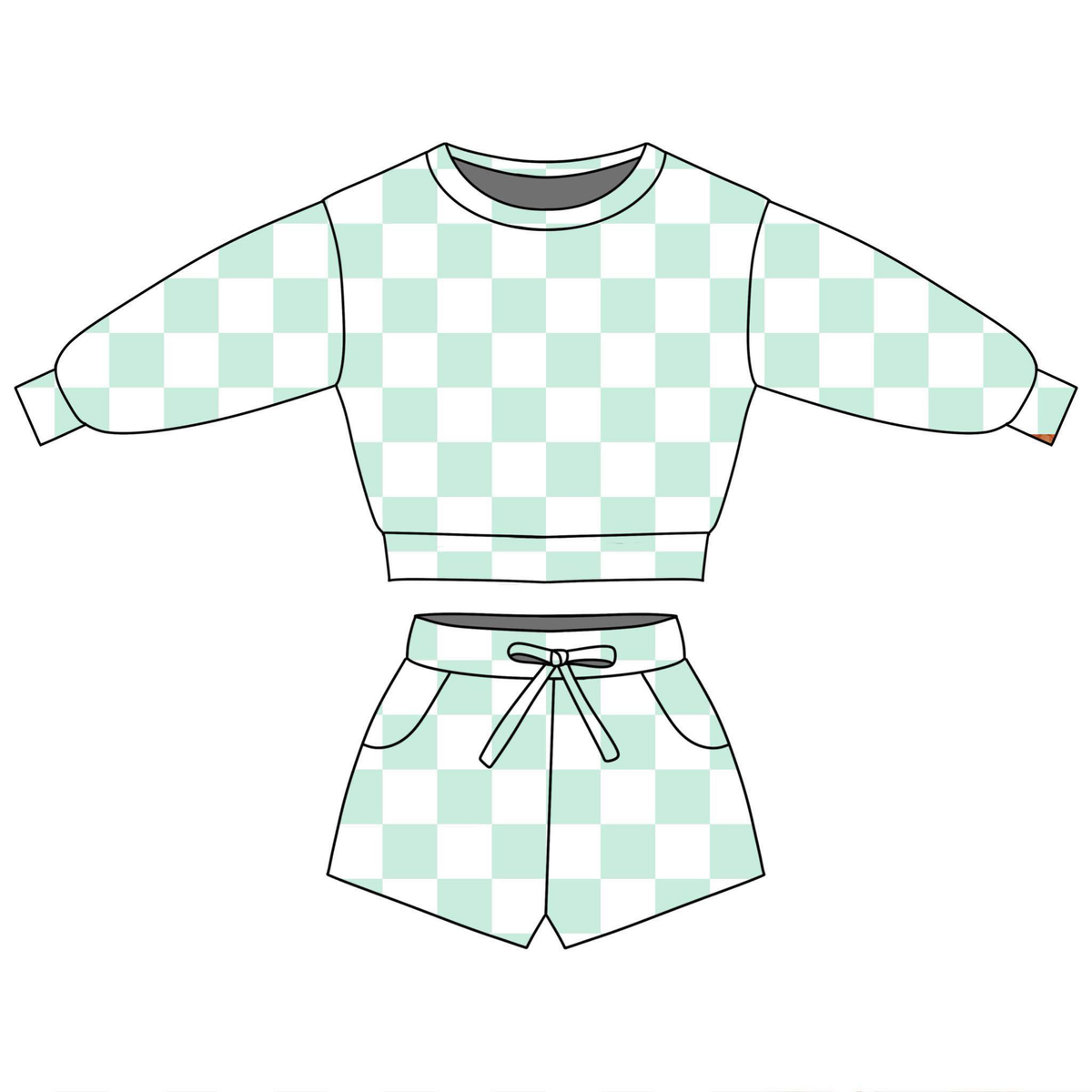 preorder GLS0085 Green Checkered Long Sleeve Shorts Girls Set
