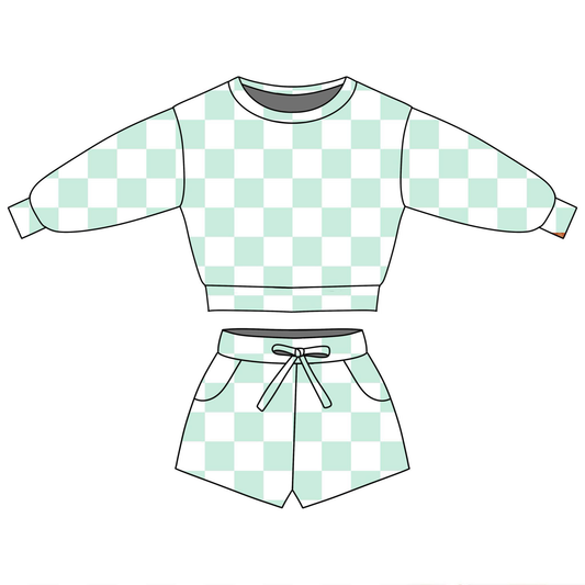 preorder GLS0085 Green Checkered Long Sleeve Shorts Girls Set