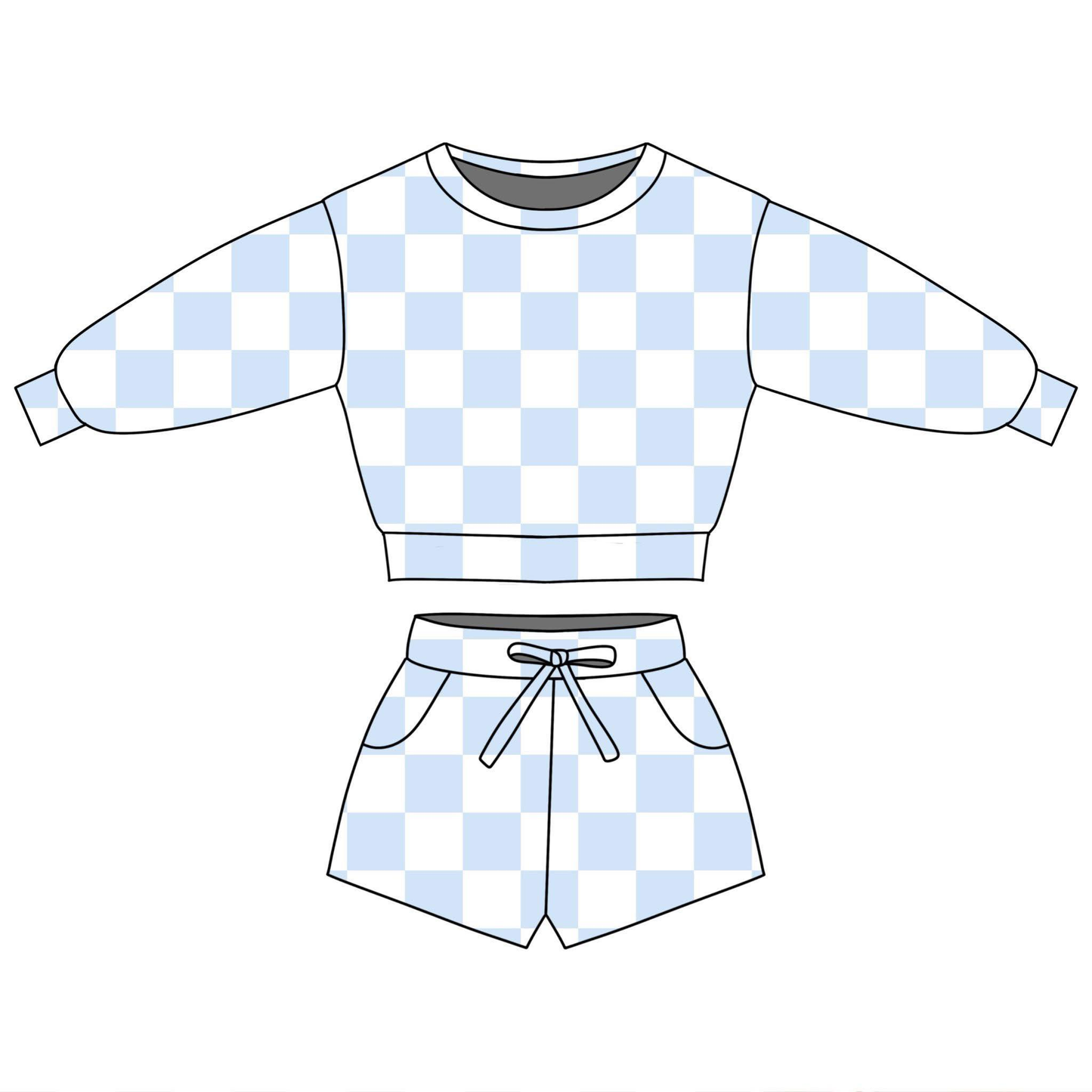 preorder GLS0087 Blue Checkered Long Sleeve Shorts Girls Set