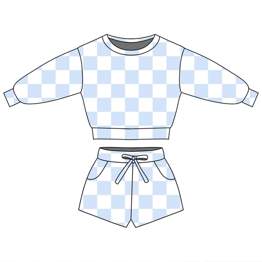preorder GLS0087 Blue Checkered Long Sleeve Shorts Girls Set