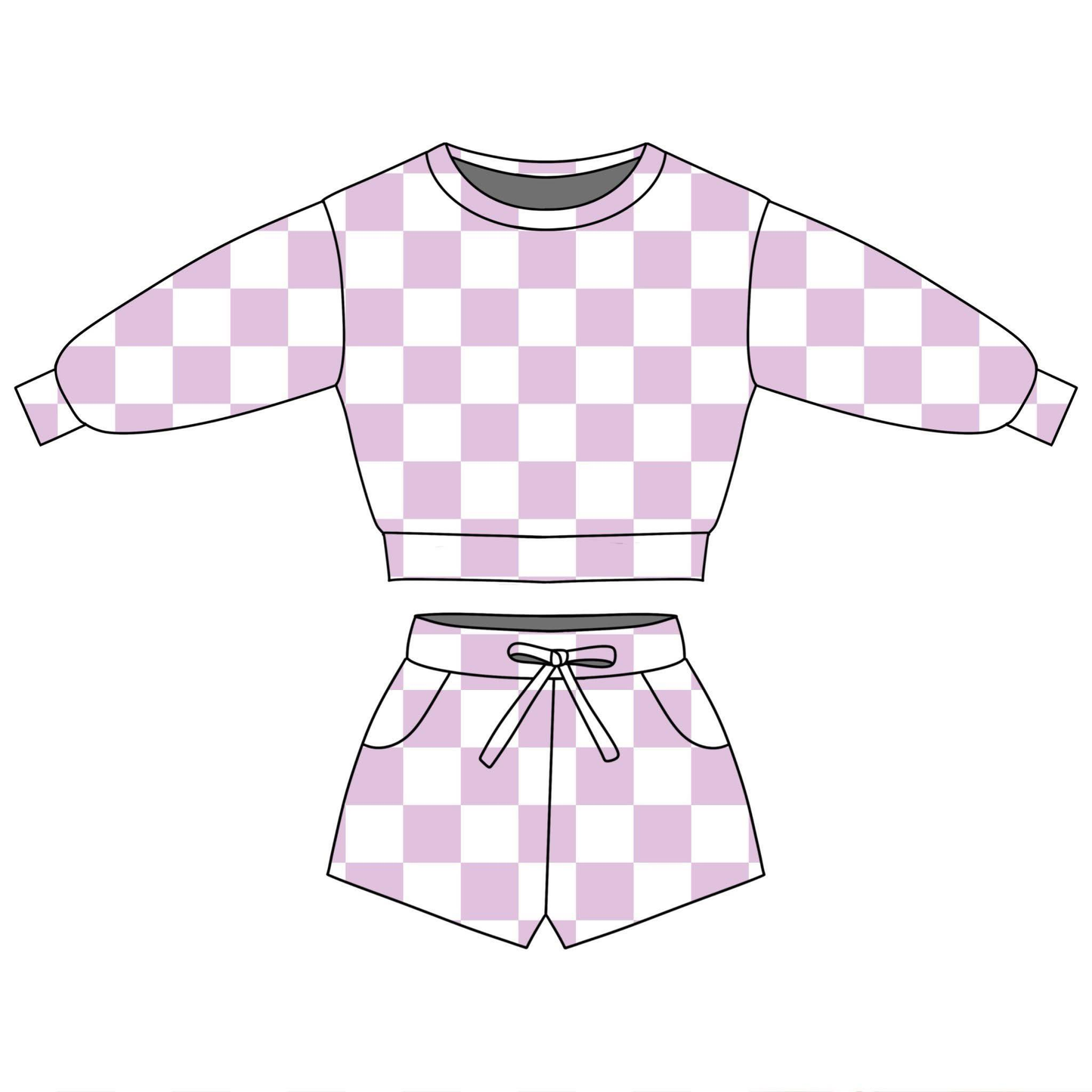 preorder GLS0089 Purple Checkered Long Sleeve Shorts Girls Set