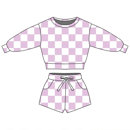 preorder GLS0089 Purple Checkered Long Sleeve Shorts Girls Set