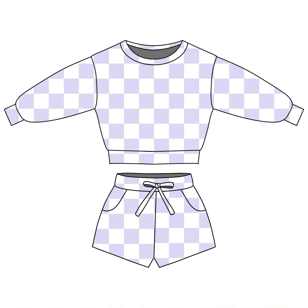 preorder GLS0090 Light Purple Checkered Long Sleeve Shorts Girls Set