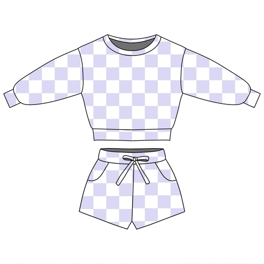preorder GLS0090 Light Purple Checkered Long Sleeve Shorts Girls Set