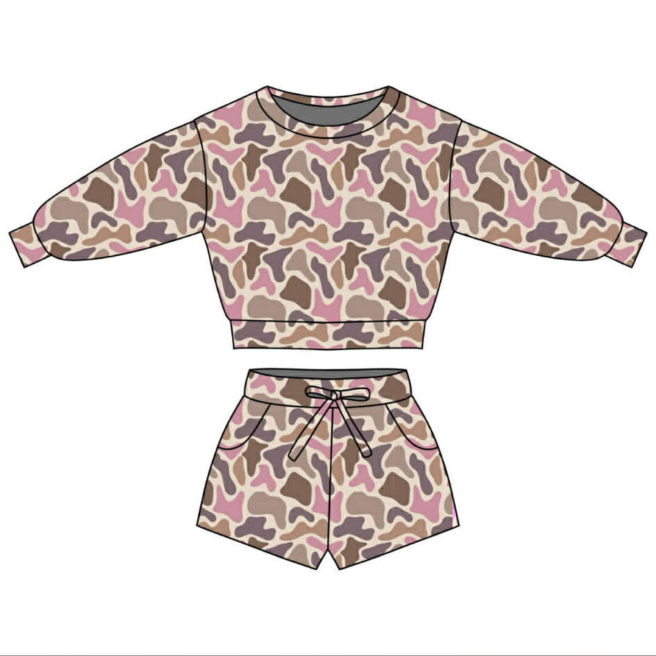 preorder GLS0091 Camo Long Sleeve Shorts Girls Set