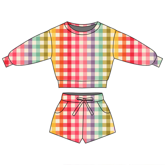 preorder GLS0095 Rainbows Checkered Long Sleeve Shorts Girls Set