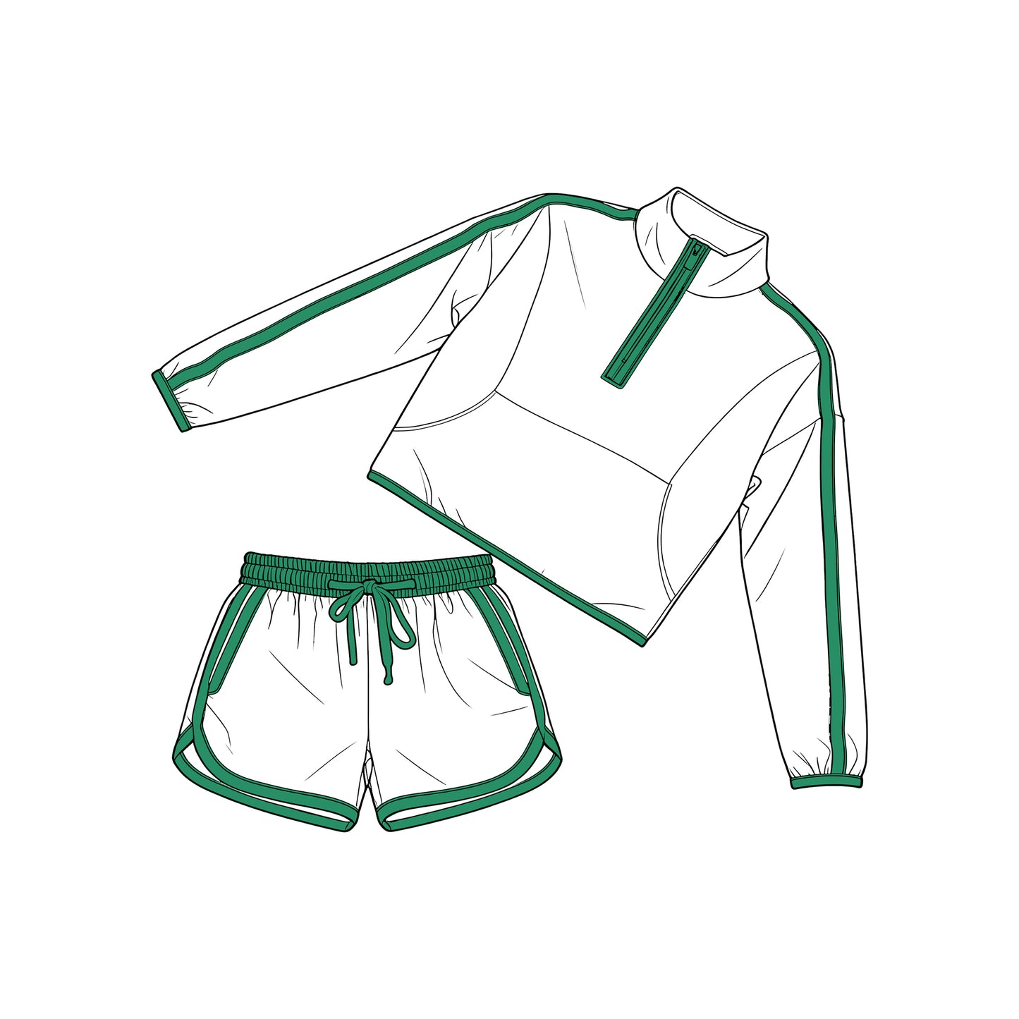 preorder GLS0096 Green White Zipper Long Sleeve Shorts Girls Set