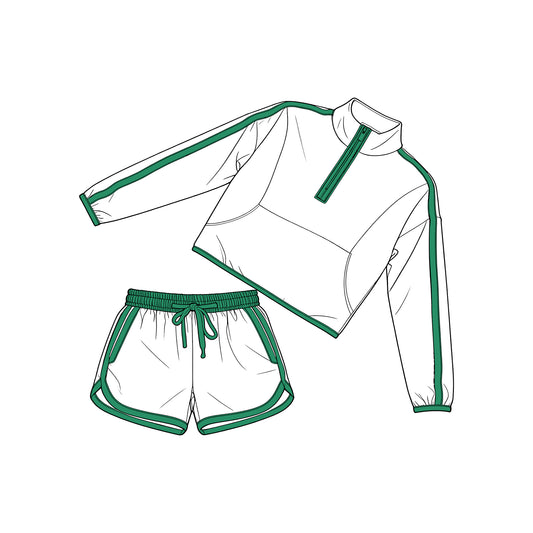 preorder GLS0096 Green White Zipper Long Sleeve Shorts Girls Set