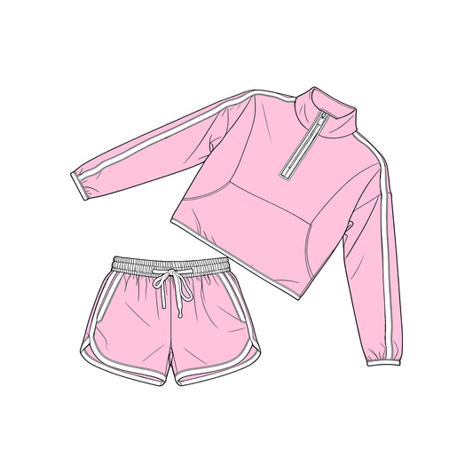 preorder GLS0097 Pink Zipper Long Sleeve Shorts Girls Set
