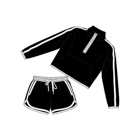 preorder GLS0098 Black Zipper Long Sleeve Shorts Girls Set