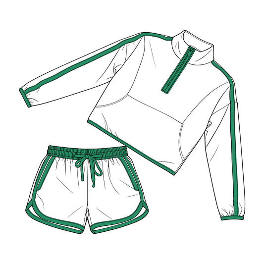 preorder GLS0100 Green White Zipper Long Sleeve Shorts Adult Women Set