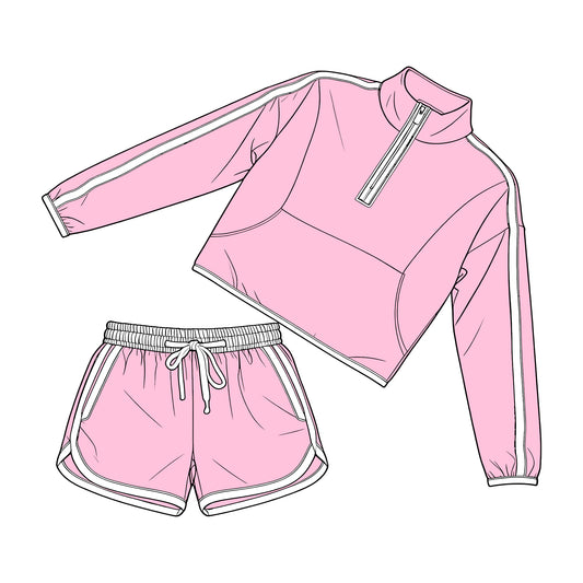 preorder GLS0101 Pink Zipper Long Sleeve Shorts Adult Women Set