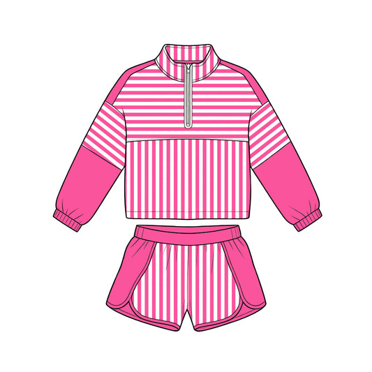 preorder GLS0106 Yoga Hot Pink Zipper Long Sleeve Shorts Girls Set