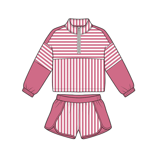 preorder GLS0112 Yoga Pink Zipper Long Sleeve Shorts Girls Set
