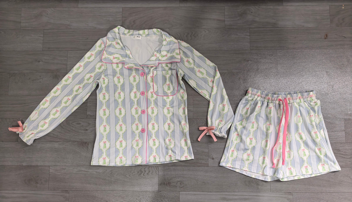 preorder Samples GLS0114 Christmas Tree Blue Long Sleeve Shorts Adult Women Pajamas