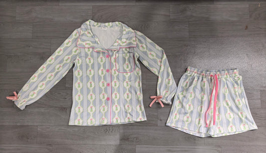 preorder Samples GLS0114 Christmas Tree Blue Long Sleeve Shorts Adult Women Pajamas