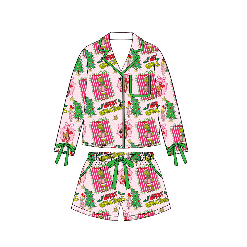 preorder GLS0119 Merry Christmas Green Face Long Sleeve Pants Adult Women Pajamas