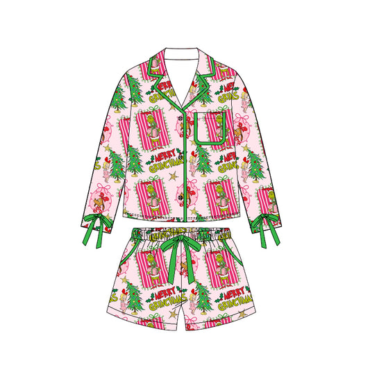 preorder GLS0119 Merry Christmas Green Face Long Sleeve Pants Adult Women Pajamas