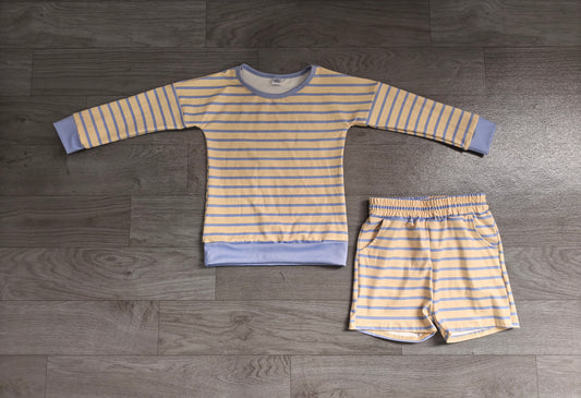 preorder Samples GLS0125 Yellow Blue Striped Long Sleeve Shorts Girls Set