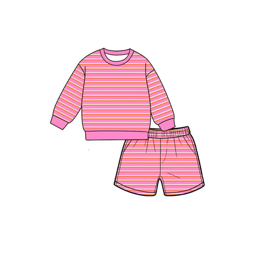 preorder GLS0126 Pink Striped Long Sleeve Shorts Girls Set