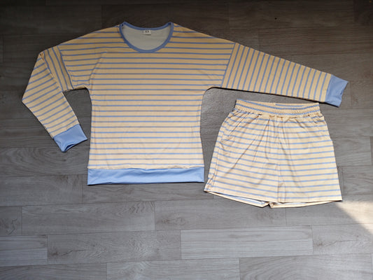 preorder Samples GLS0138 Yoga Yellow Blue Striped Long Sleeve Shorts Adult Women Set