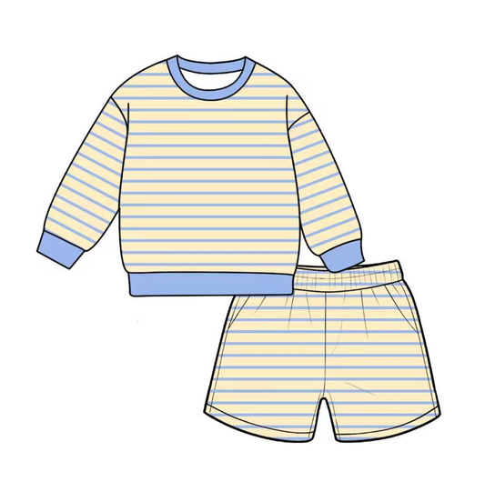 preorder GLS0138 Yoga Yellow Blue Striped Long Sleeve Shorts Adult Women Set