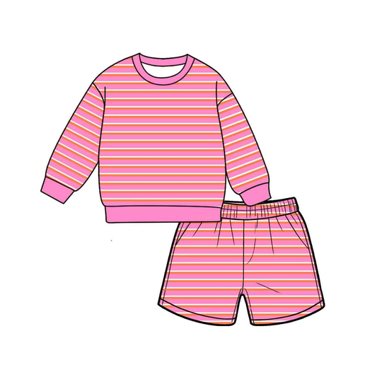 preorder GLS0139 Yoga Pink Striped Long Sleeve Shorts Adult Women Set
