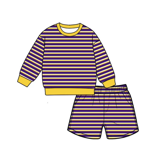 preorder GLS0142 Yoga Purple Yellow Striped Long Sleeve Shorts Adult Women Set