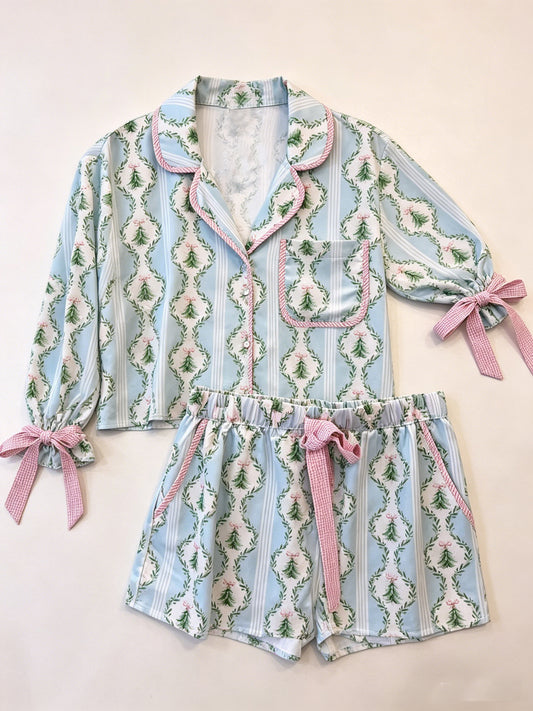 preorder GLS0170 Christmas Tree Bows Blue Long Sleeve Shorts Girls Set