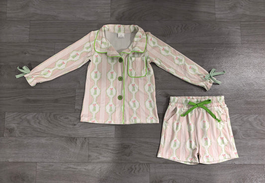 preorder Samples GLS0171 Christmas Tree Bows Pink Long Sleeve Shorts Girls Set