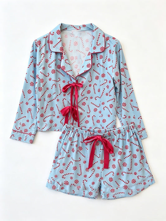 preorder GLS0172 Christmas Cane Candy Long Sleeve Shorts Girls Set