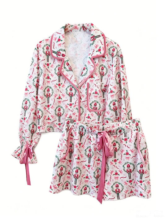 preorder GLS0173 Christmas Soldier Holly Long Sleeve Shorts Girls Set