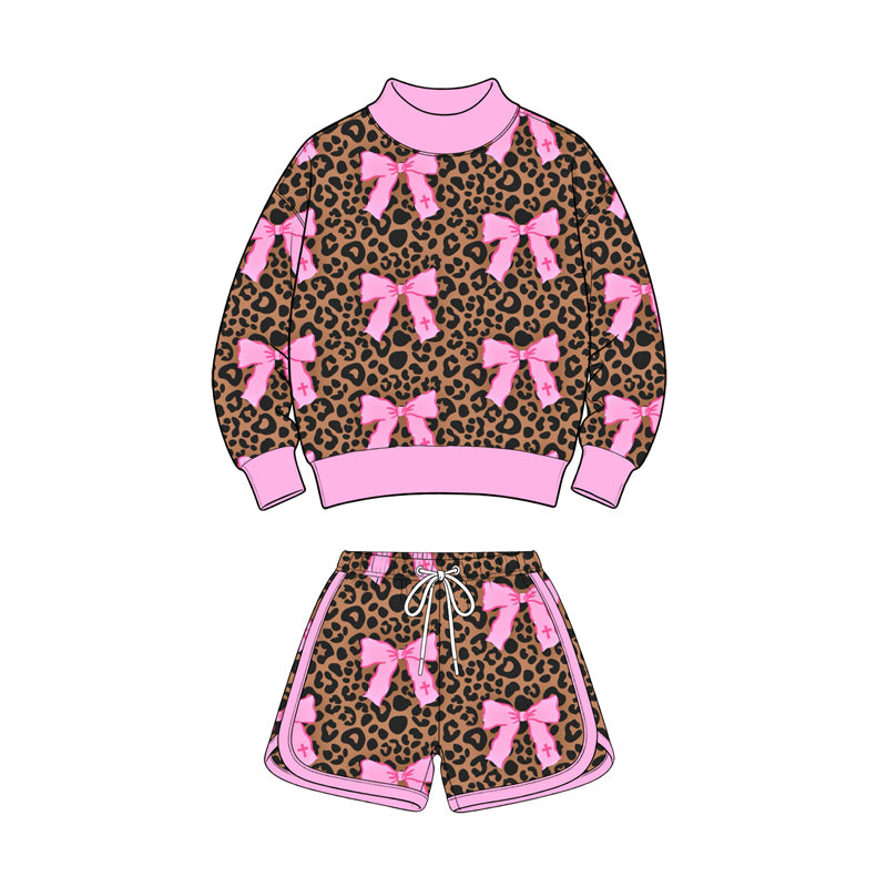 preorder GLS0195 Leopard Bows Long Sleeve Shorts Girls Set