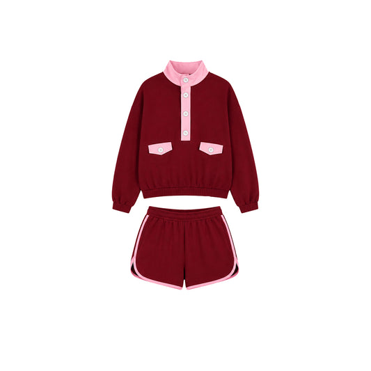 preorder GLS0210 Dark Red Long Sleeve Shorts Girls Set