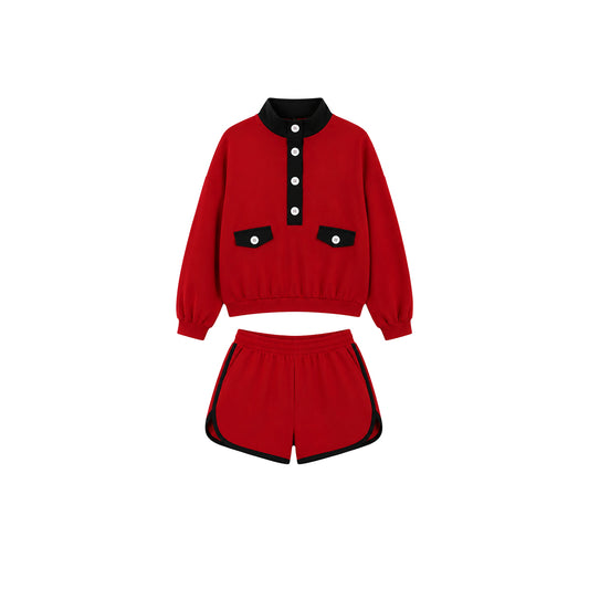 preorder GLS0211 Red Long Sleeve Shorts Girls Set