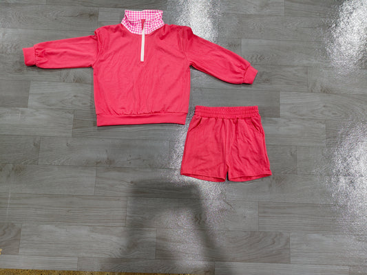 preorder Samples GLS0225 Hot Pink Zipper Long Sleeve Shorts Girls Set