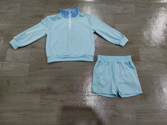 preorder Samples GLS0226 Blue Zipper Long Sleeve Shorts Girls Set